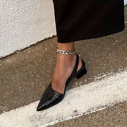 Women’s Slingback Heels – Pointed Toe – Crocodile Embossed – Mid Block Heel – Elegant Fit