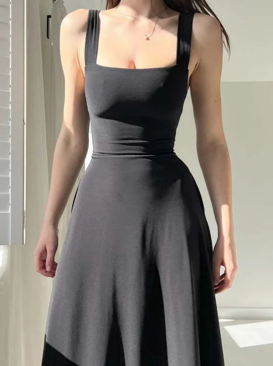 Women's Midi Dress - Sleeveless A-Line - Thick Straps Square Neck - Elegant Fit