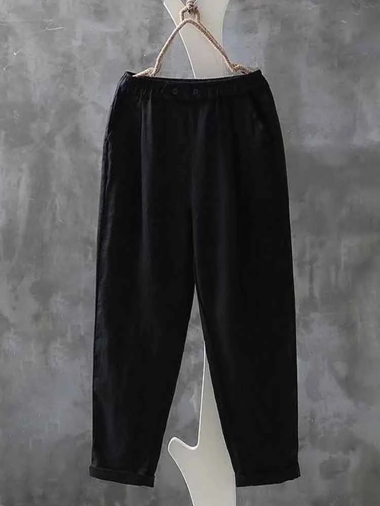 Women’s Casual Pants – Relaxed Fit – Cotton Blend – Full Length – Elastic Waist