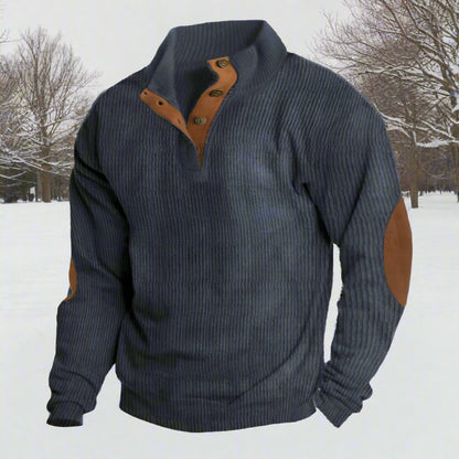Men’s Knitted Sweater – Wool Blend – Relaxed Fit – High Collar – Ribbed Texture – Elbow Patches