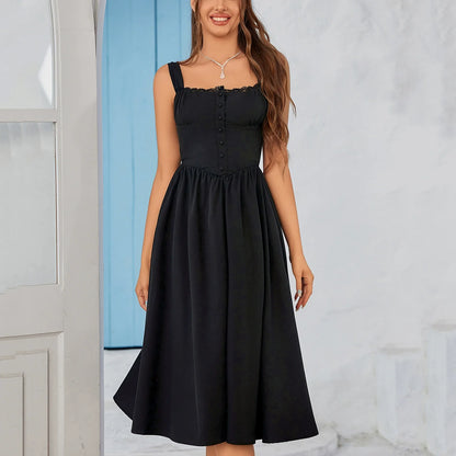 Women's Midi Dress - Square Neck - Button-Up Front - A-Line Silhouette - Wide Straps