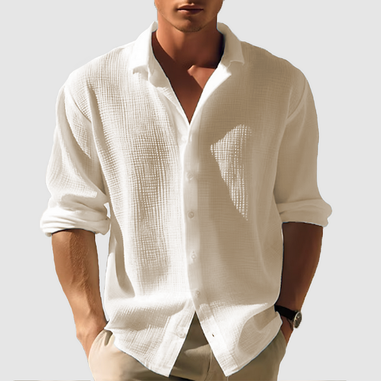 Men’s Button-Down Shirt – Relaxed Fit – Long Sleeve – Cotton Linen Textured