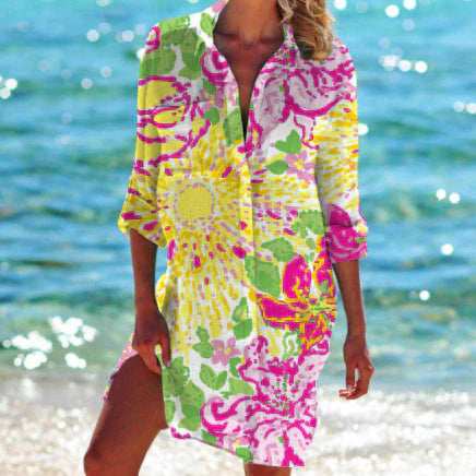 Women’s Tunic Cover-Up – Relaxed Fit – Breathable Blend – Button Front – Mid-Thigh Length