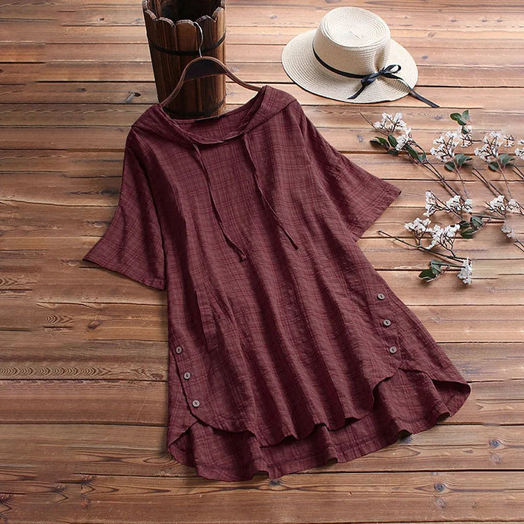 Women’s T-Shirt – Relaxed Fit – Tunic Length – Button Detail – Soft Breathable Blend