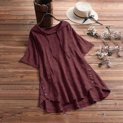 Women’s T-Shirt – Relaxed Fit – Tunic Length – Button Detail – Soft Breathable Blend