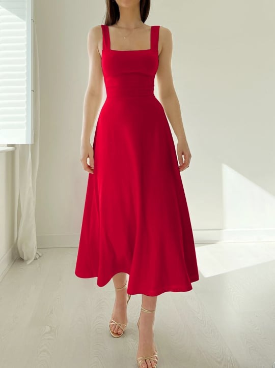 Women’s Midi Dress – A-Line Fit – Smooth Stretch Fabric – Square Neck – Broad Straps