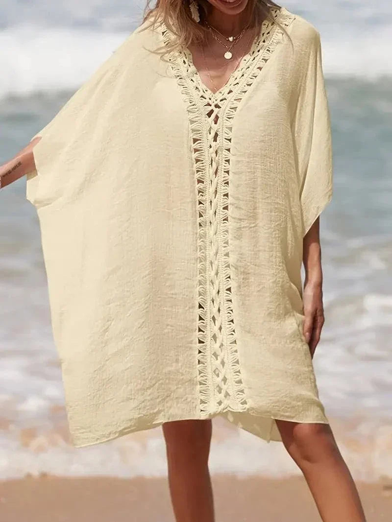Women’s Kimono – Relaxed Fit – Natural Fibers – V-Neck – Lace Trim – Knee Length