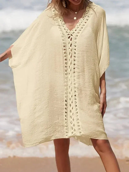 Women’s Kimono – Relaxed Fit – Natural Fibers – V-Neck – Lace Trim – Knee Length