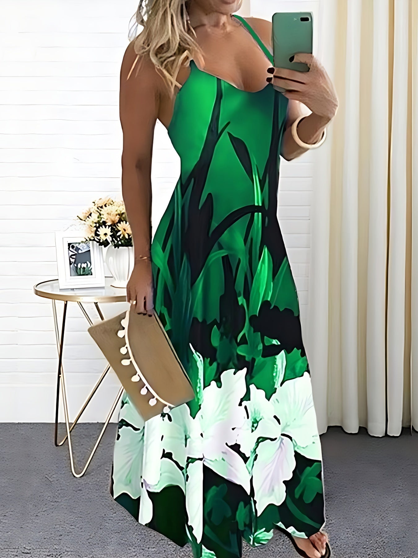 Women's Maxi Dress - Sleeveless Thin Straps - Floral Print - Flowing A-Line Fit