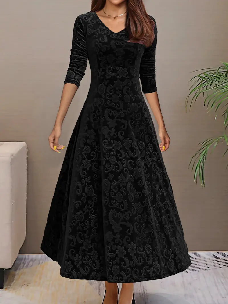 Women’s A-line Dress – Elegant Fit – Velvet Feel – Floral Texture – Floor Length – V-Neck – Long Sleeve