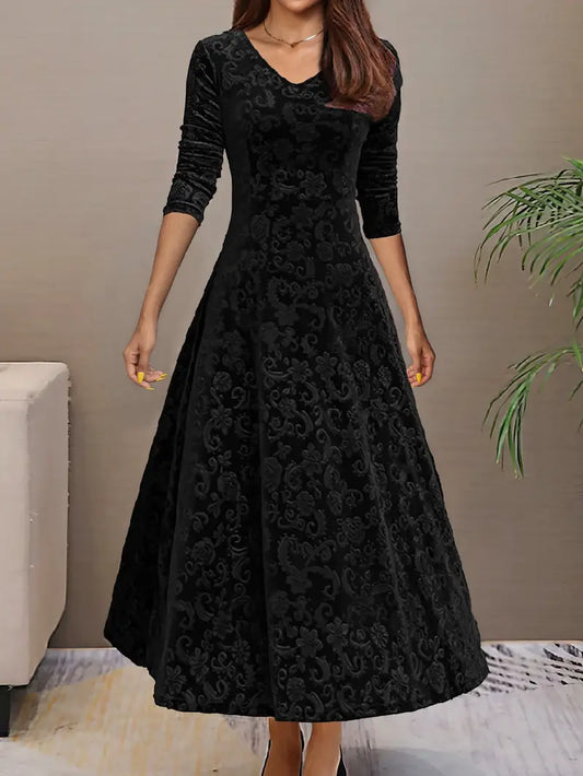Women’s A-line Dress – Elegant Fit – Velvet Feel – Floral Texture – Floor Length – V-Neck – Long Sleeve