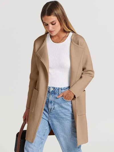 Women’s Coat – Wool Blend – Relaxed Fit – Knee Length – Wide Lapel – Minimalist Style