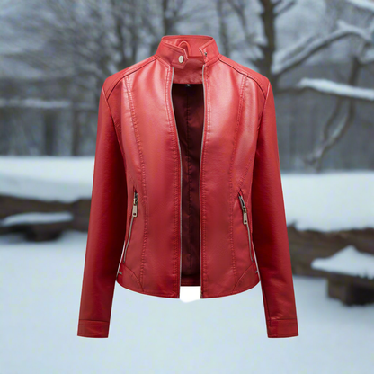 Women’s Biker Jacket – Leather – Slim Fit – Stand Collar – Zipper Pockets