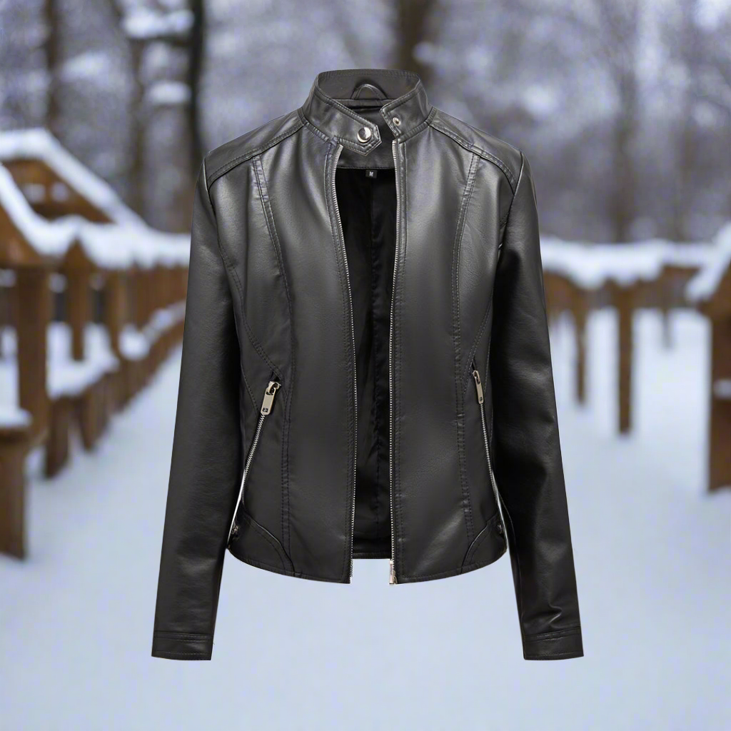 Women’s Biker Jacket – Leather – Slim Fit – Stand Collar – Zipper Pockets