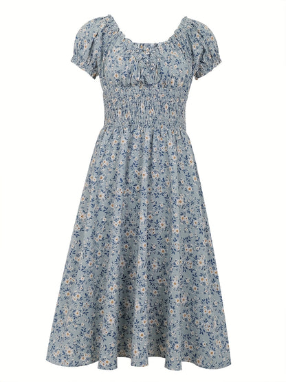 Women's Midi Dress - Smocked Bodice - Puff Sleeve - Sweetheart Neckline - A-Line Fit