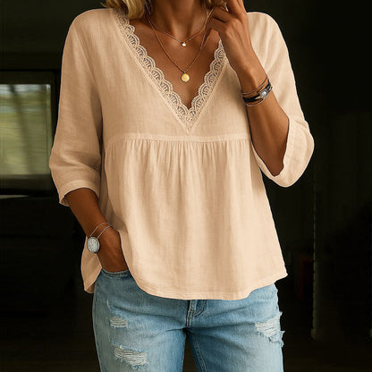 Women’s V-Neck T-Shirt – Relaxed Fit – Lace Trim – 3/4 Sleeve