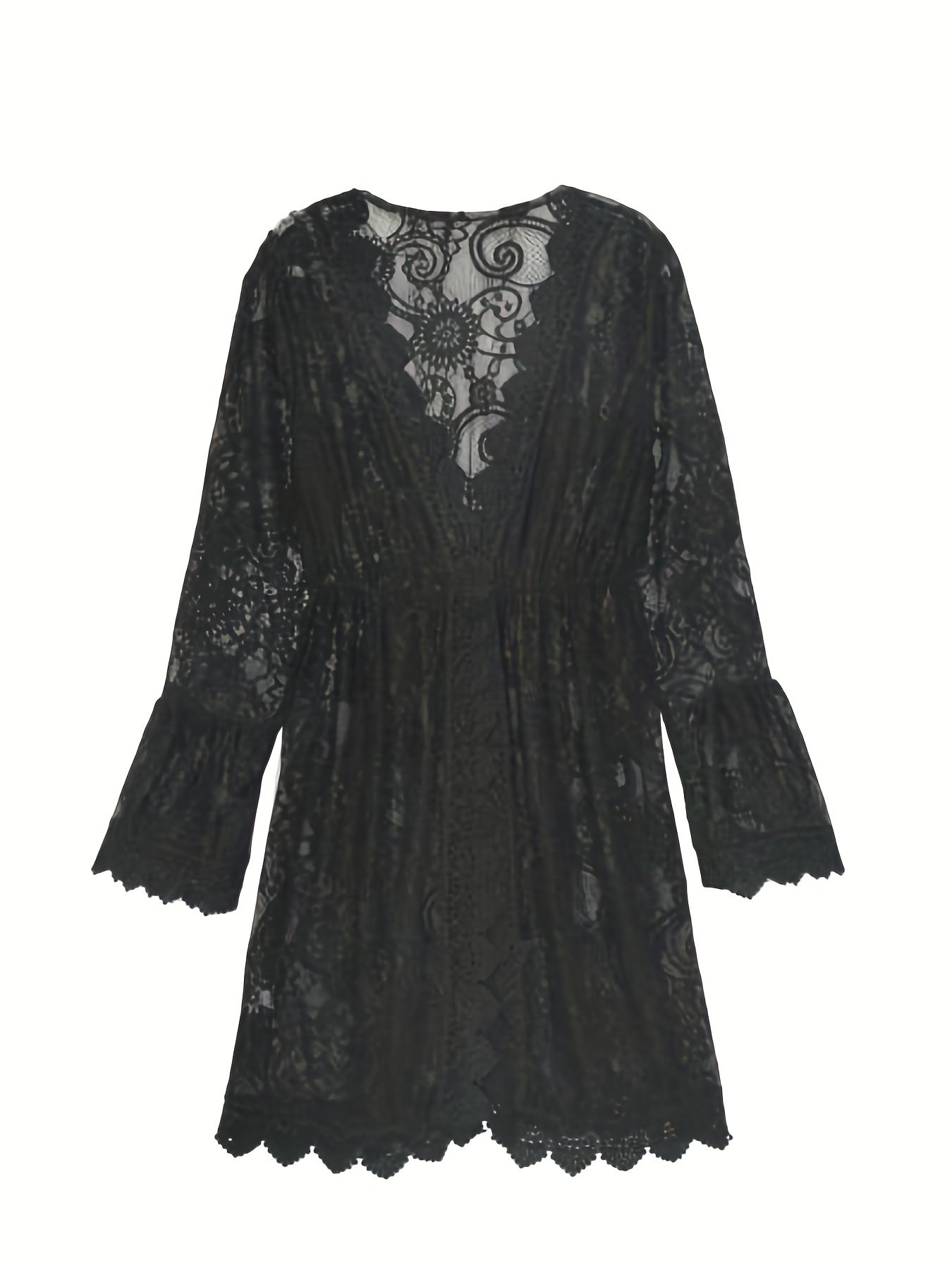 Women's Lace Cover-Up Dress - Sheer Floral Pattern - V-Neck - Long Bell Sleeves