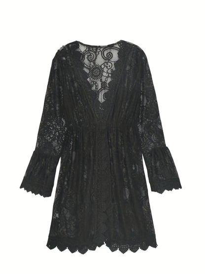 Women's Lace Cover-Up Dress - Sheer Floral Pattern - V-Neck - Long Bell Sleeves