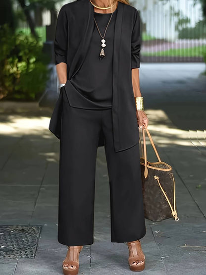 Women's Draped Jacket and Wide-Leg Trousers Set - Jersey - Relaxed Silhouette