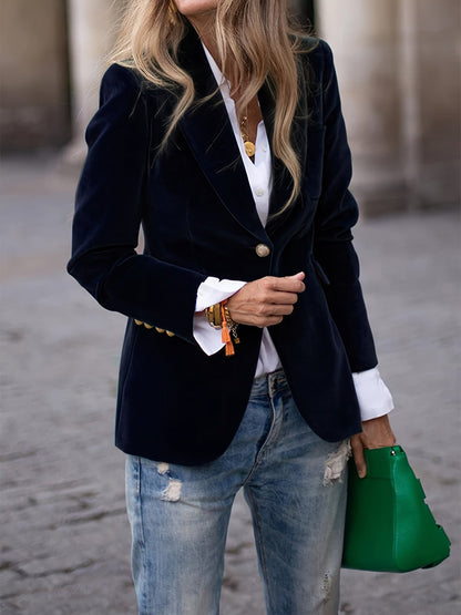 Women’s Blazer – Velvet Tailored Fit – Gold Button Accents – Classic Silhouette
