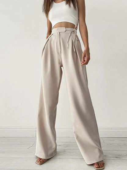Women’s Wide Leg Trousers – High Waist – Pleated Front – String Belted Flowy Fit