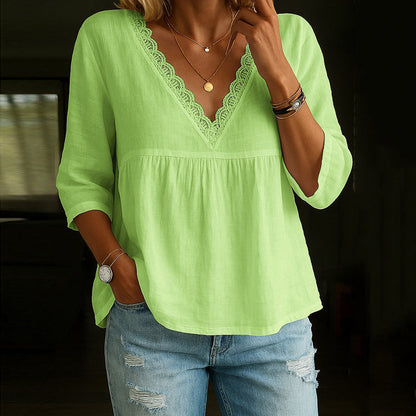 Women’s V-Neck T-Shirt – Relaxed Fit – Lace Trim – 3/4 Sleeve