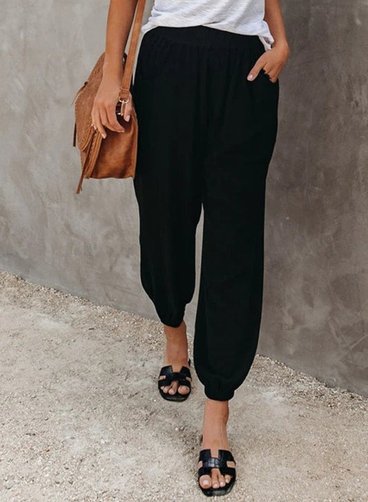 Women’s Tapered Pants – Relaxed Fit – Elastic Waist – Lightweight Cotton – Full Length