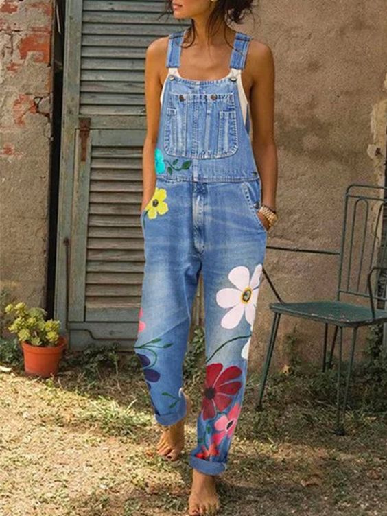 Women's Overall Jumpsuit - Denim - Relaxed Flowing Silhouette - Floral Print
