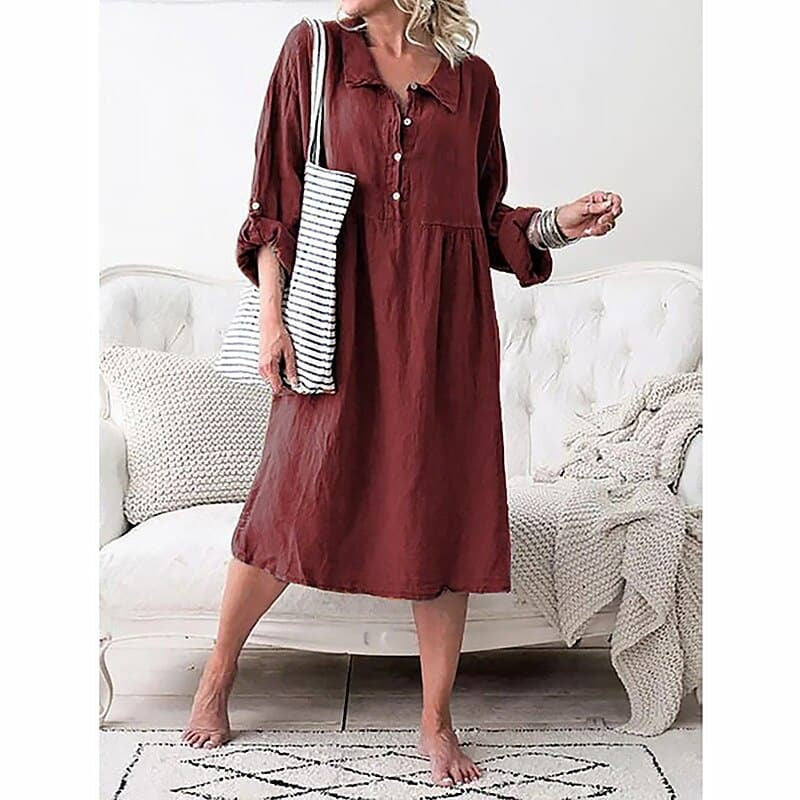 Women’s Knee-Length Dress – Relaxed Fit – Cotton Blend – Button Front – Casual Wear