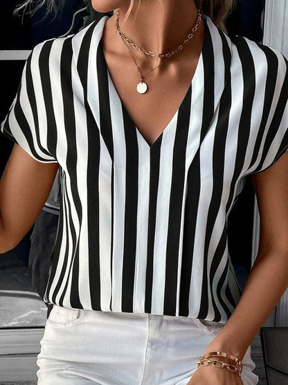 Women's Blouse - V-Neck Short Sleeve - Vertical Stripe Lightweight Casual Wear