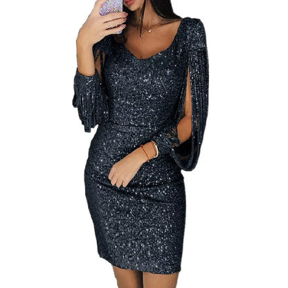 Women's Sequin Mini Dress - Bodycon Fit - V-Neck - Long Sleeve with Slit Detail