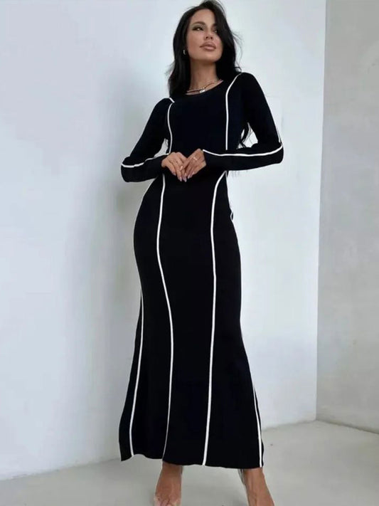 Women's Elegant Long Sleeve Maxi Dress – Contrast Stripes – Bodycon Fit