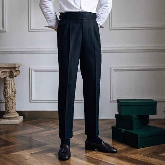 Men’s Tailored Trousers  – High-Rise – Pleated Front – Cuffed Hem
