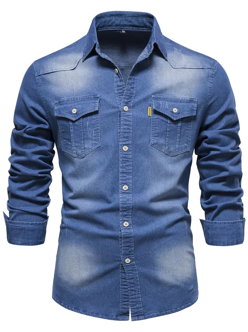 Men’s Denim Shirt – Slim Fit – Button-Down – Chest Pockets – Breathable Cotton