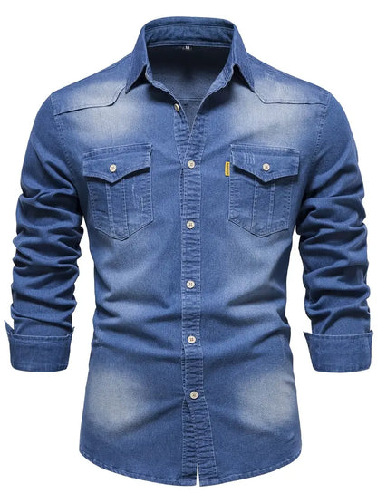 Men’s Denim Shirt – Slim Fit – Button-Down – Chest Pockets – Breathable Cotton