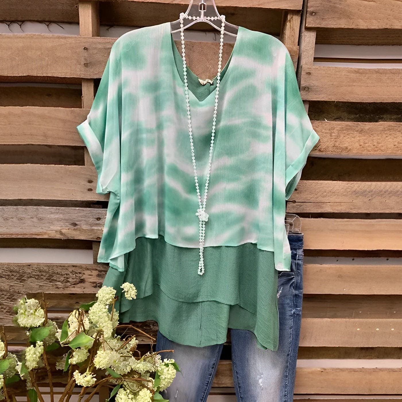 Women’s Blouse – Relaxed Fit – Layered Hem – V-Neck – Short Sleeve – Breathable Blend