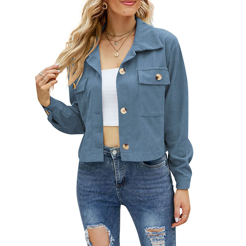 Women’s Corduroy Jacket - Cropped Relaxed Fit - Button-Up - Chest Flap Pockets
