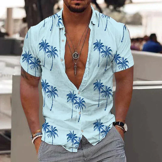 Men’s Short Sleeve Shirt – Relaxed Fit – Tropical Print – Button-Down – Natural Fibers