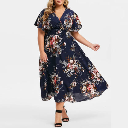 Women’s Midi Dress – Chiffon – Oversized Fit – Smocked Waist – Wrap Bodice – Midi Length