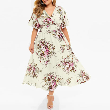 Women’s Midi Dress – Chiffon – Oversized Fit – Smocked Waist – Wrap Bodice – Midi Length