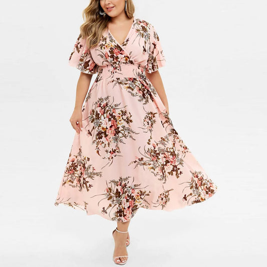 Women’s Midi Dress – Chiffon – Oversized Fit – Smocked Waist – Wrap Bodice – Midi Length