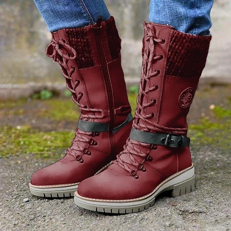 Women’s Mid-Calf Boots – Leather-Like Finish – Knit Trim – Lace-Up Zip – Non-Slip Sole