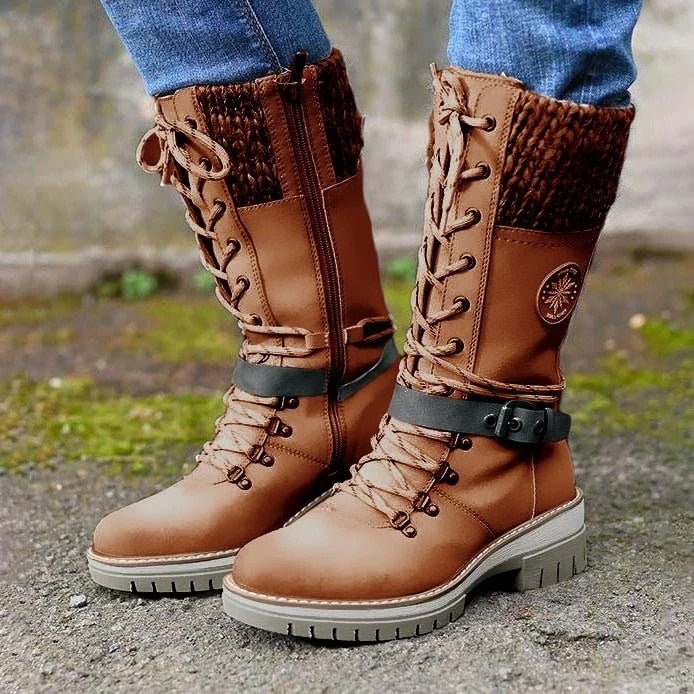 Women’s Mid-Calf Boots – Leather-Like Finish – Knit Trim – Lace-Up Zip – Non-Slip Sole