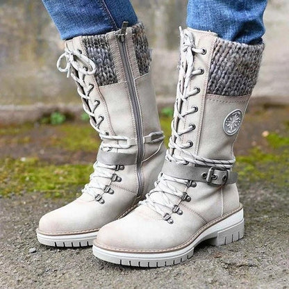 Women’s Mid-Calf Boots – Leather-Like Finish – Knit Trim – Lace-Up Zip – Non-Slip Sole