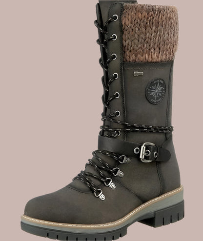 Women’s Mid-Calf Boots – Leather-Like Finish – Knit Trim – Lace-Up Zip – Non-Slip Sole