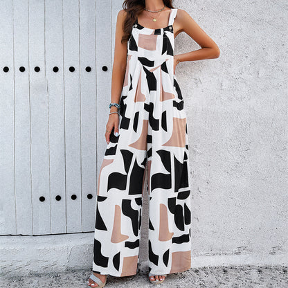 Women's Jumpsuit - Abstract Pattern - Wide Leg - Adjustable Straps