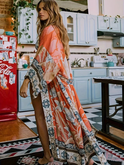 Women’s Kimono Robe – Relaxed Fit – Silk Feel – Long Sleeve Wrap Waist – Full Length