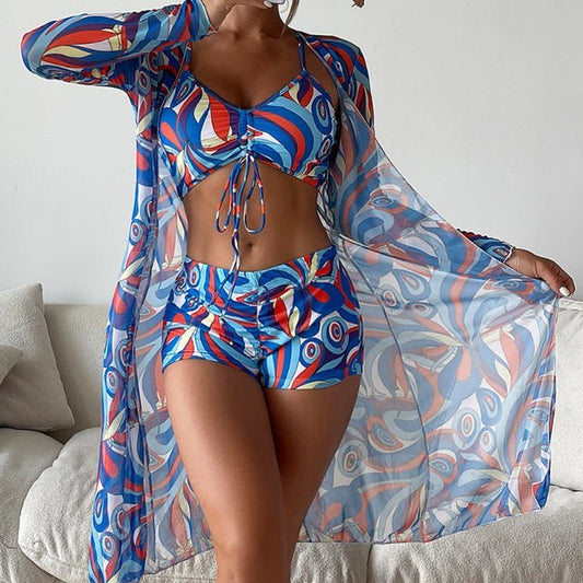Women’s Bikini Set – V-Neck Tie Top – High-Waisted Fit – Sheer Long Cover-Up