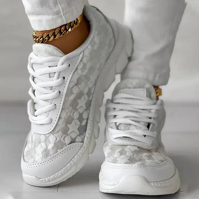 Women’s Sneakers – Ergonomic Fit – Patterned Mesh – Lace-Up – Cushioned Sole