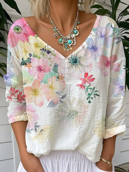 Women’s V-Neck T-Shirt – Relaxed Fit – Cotton Blend – Floral Print – Long Sleeve